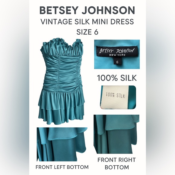 Betsey Johnson Vintage Silk Ruched Ruffle Mini Dress Size 6 Teal Party Prom - Picture 1 of 14